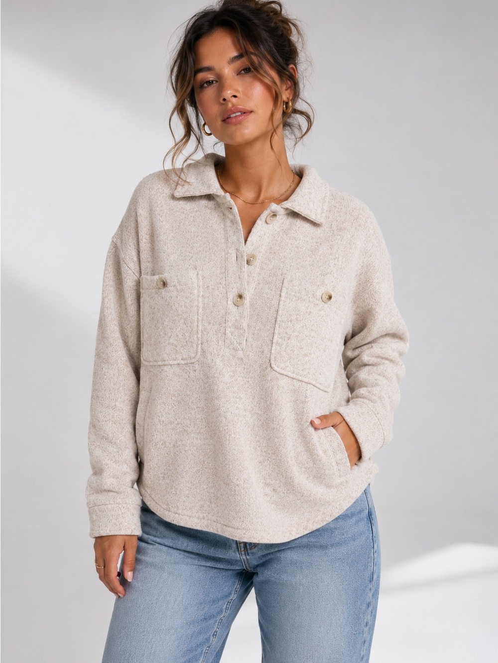 Thread & Supply Small Oatmeal Knit Pullover Sweater Button Front Collared